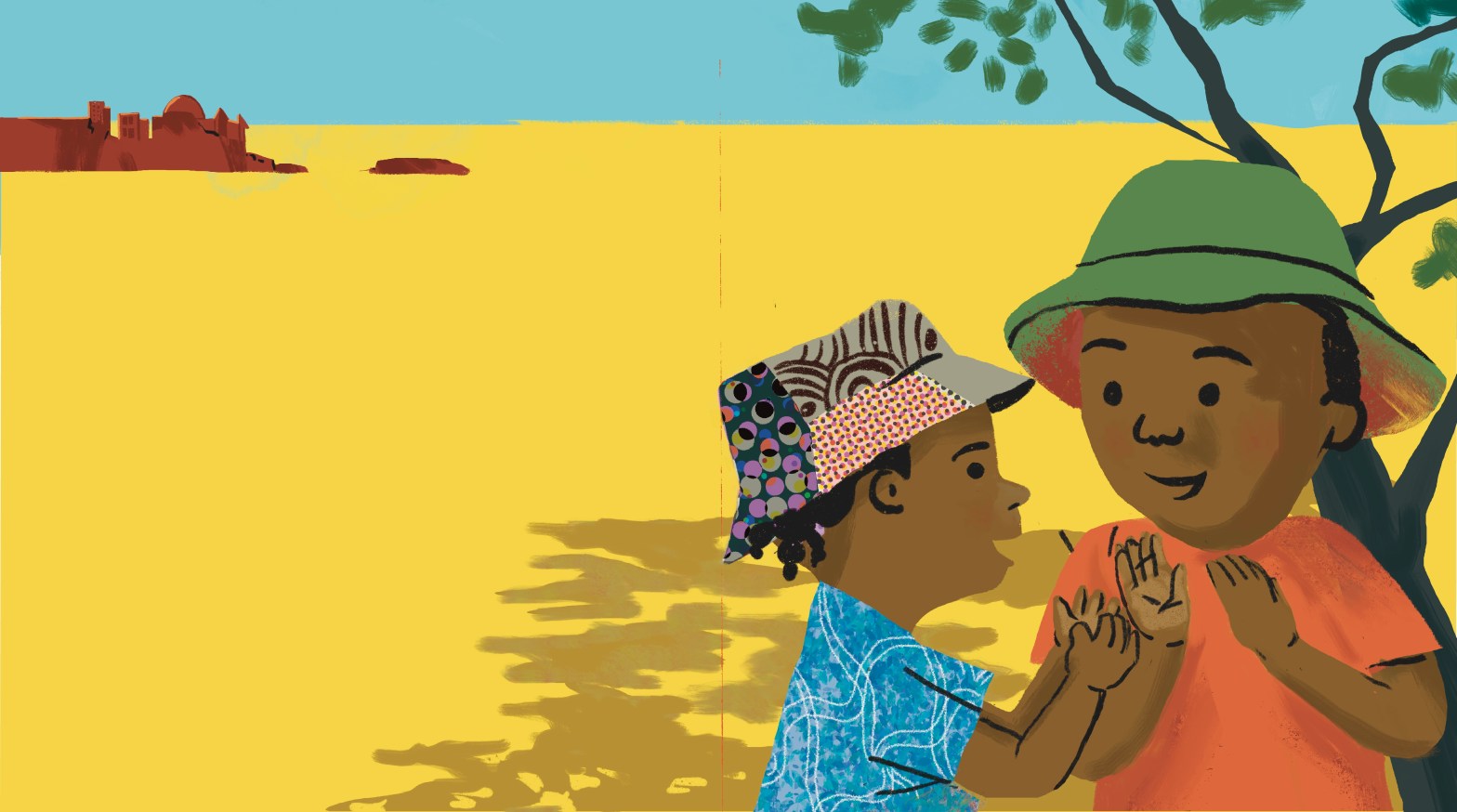 illustration of a boy and a girl playing gin the shade on a hot day